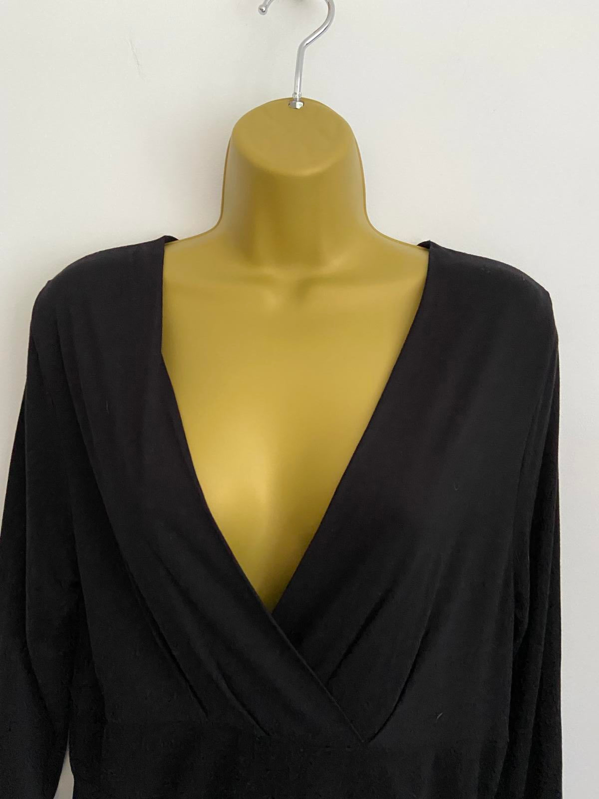 East Ladies Black Wrap Front Dress - Boho V-Neck Midi, 100% Viscose, Size 14