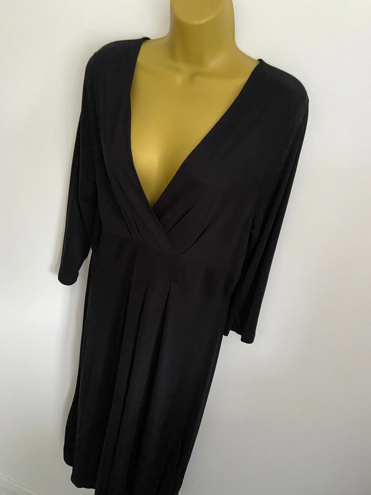 East Ladies Black Wrap Front Dress - Boho V-Neck Midi, 100% Viscose, Size 14
