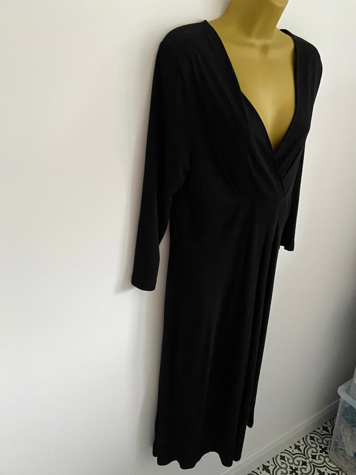 East Ladies Black Wrap Front Dress - Boho V-Neck Midi, 100% Viscose, Size 14