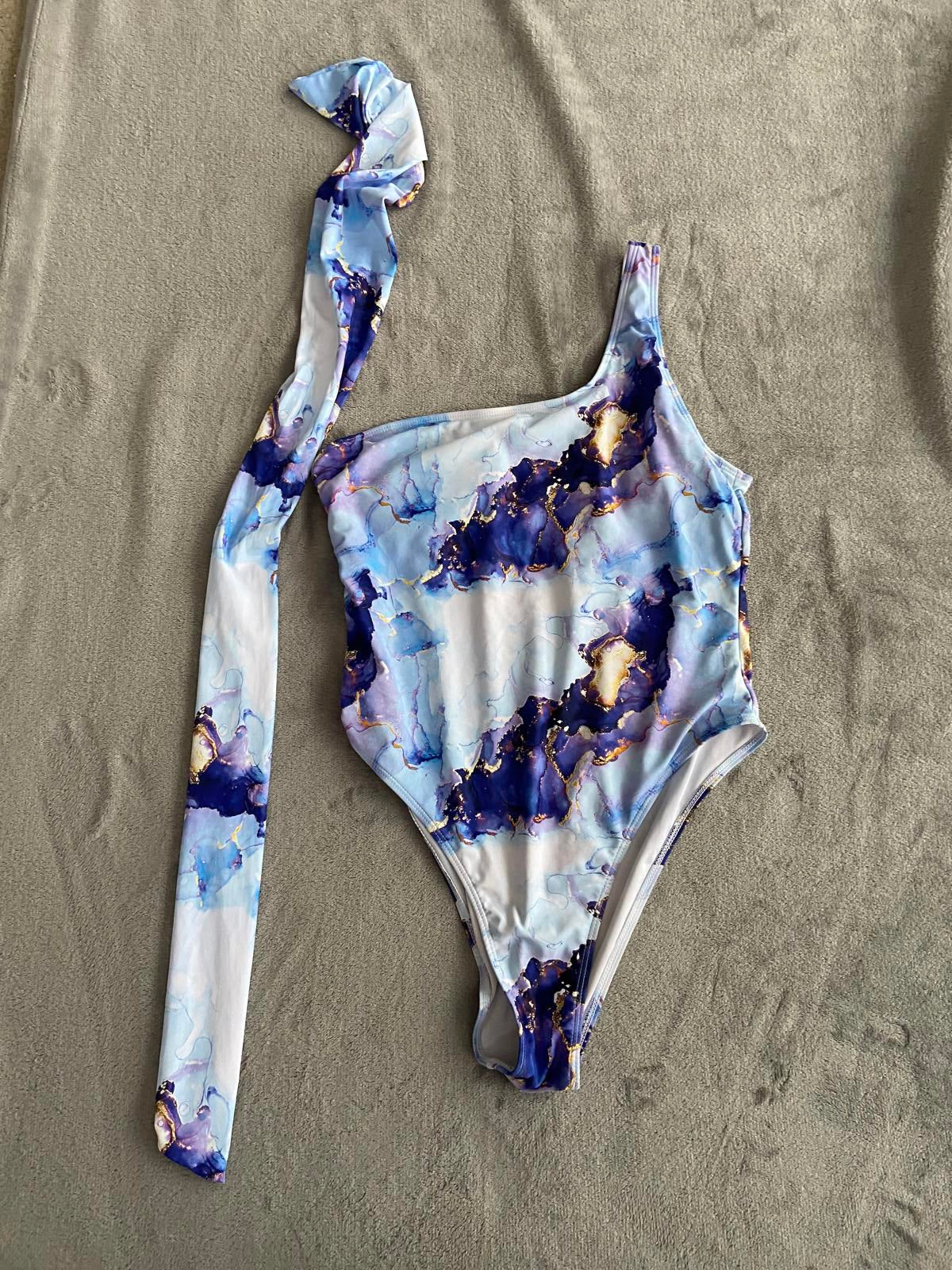 SHEIN Blue Marble One-Piece Swimsuit - Padded Asymmetric Bather, Size XL