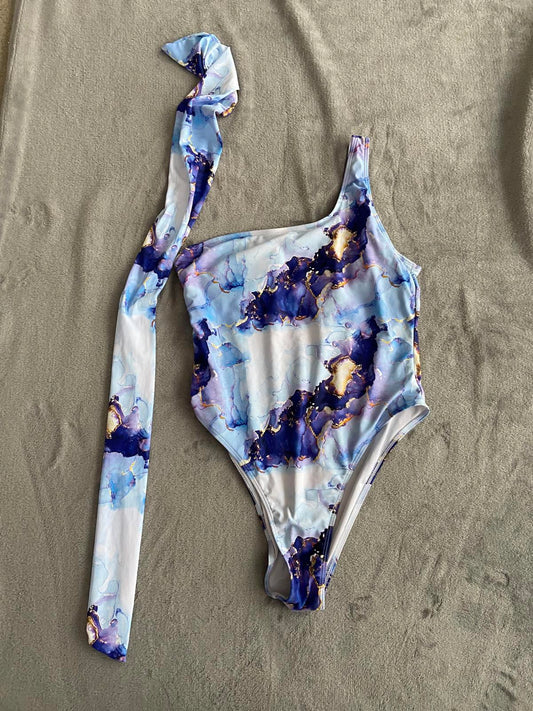 SHEIN Blue Marble One-Piece Swimsuit - Padded Asymmetric Bather, Size XL