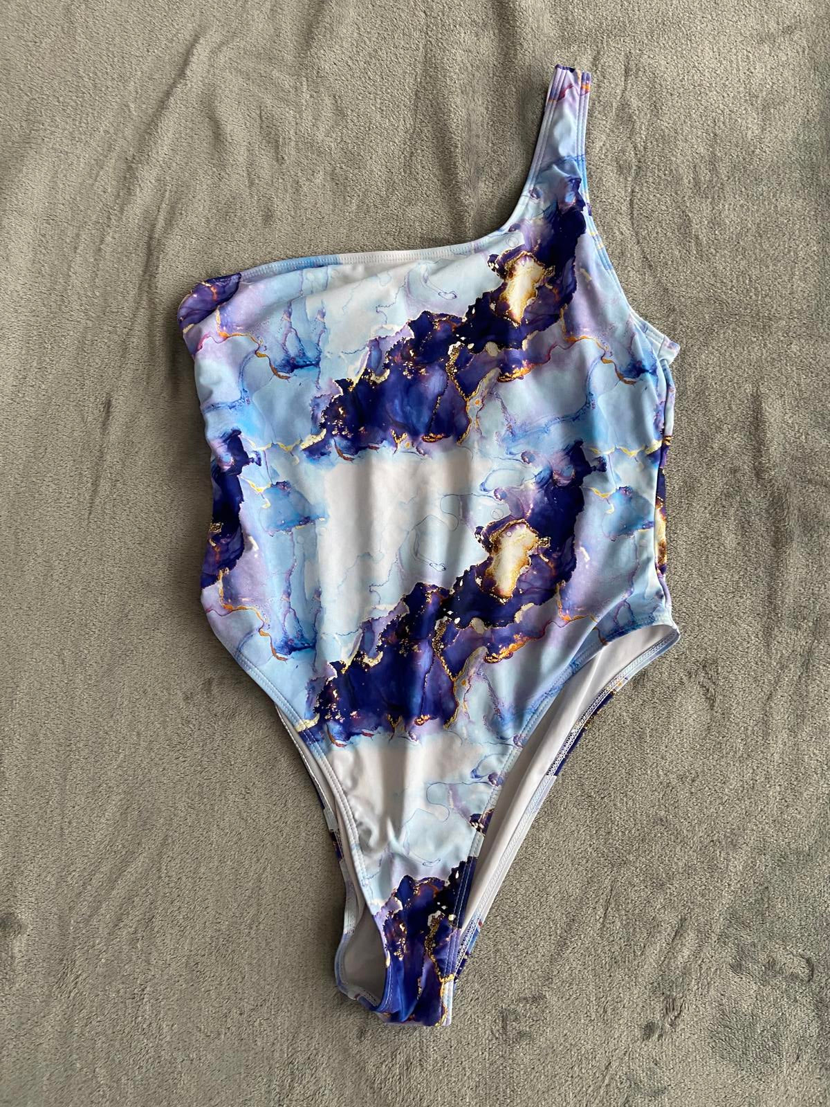 SHEIN Blue Marble One-Piece Swimsuit - Padded Asymmetric Bather, Size XL