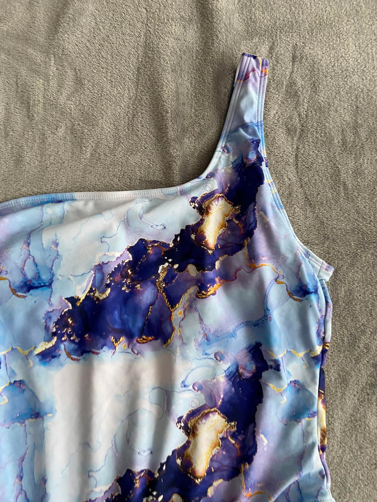 SHEIN Blue Marble One-Piece Swimsuit - Padded Asymmetric Bather, Size XL