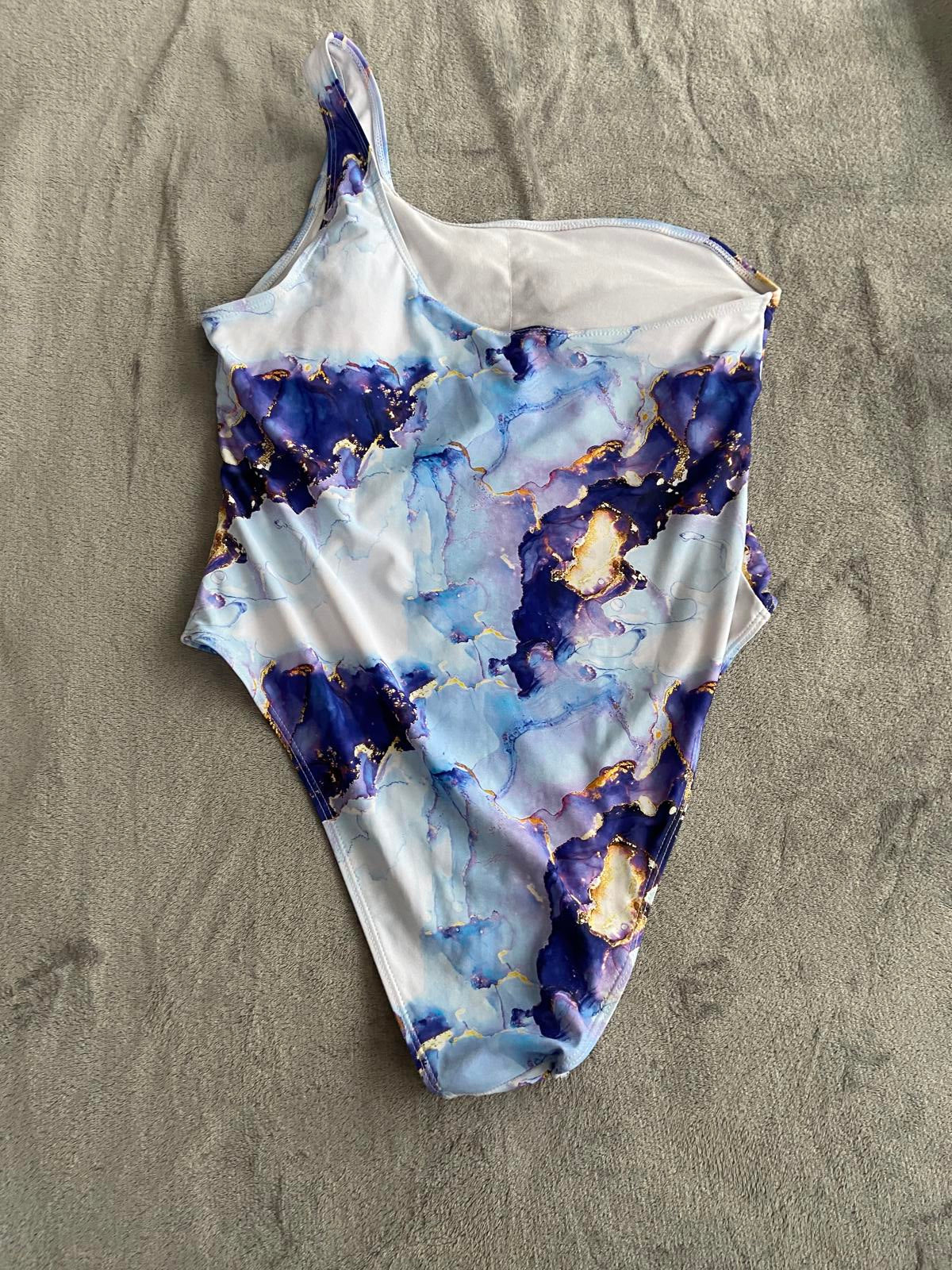 SHEIN Blue Marble One-Piece Swimsuit - Padded Asymmetric Bather, Size XL