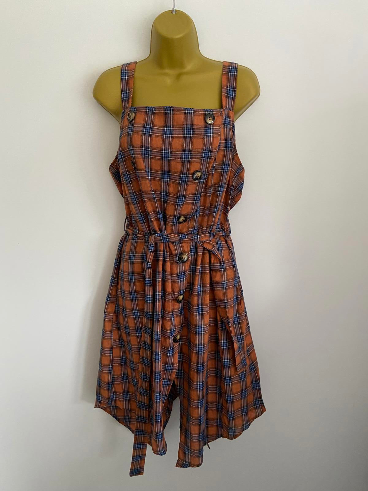 Boohoo Plus Rust Orange Checked Midi Dress - Horn Button Pinafore, Size 18