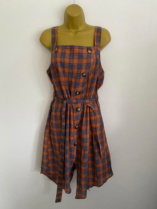 Boohoo Plus Rust Orange Checked Midi Dress - Horn Button Pinafore, Size 18