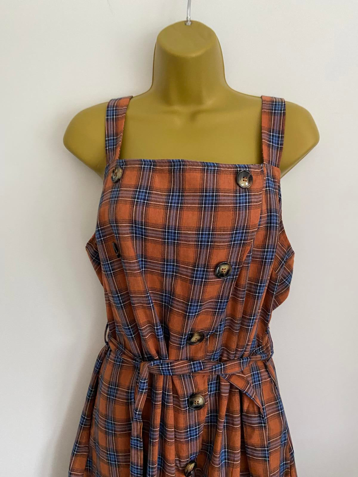 Boohoo Plus Rust Orange Checked Midi Dress - Horn Button Pinafore, Size 18