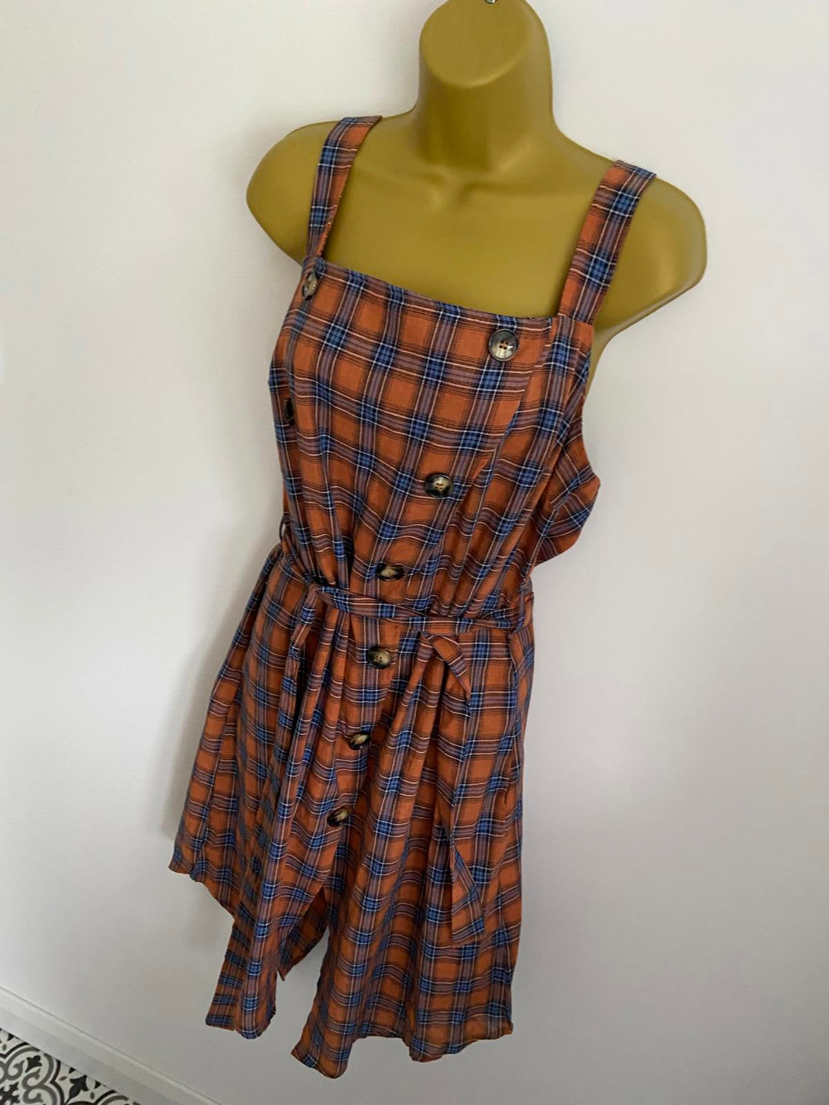 Boohoo Plus Rust Orange Checked Midi Dress - Horn Button Pinafore, Size 18