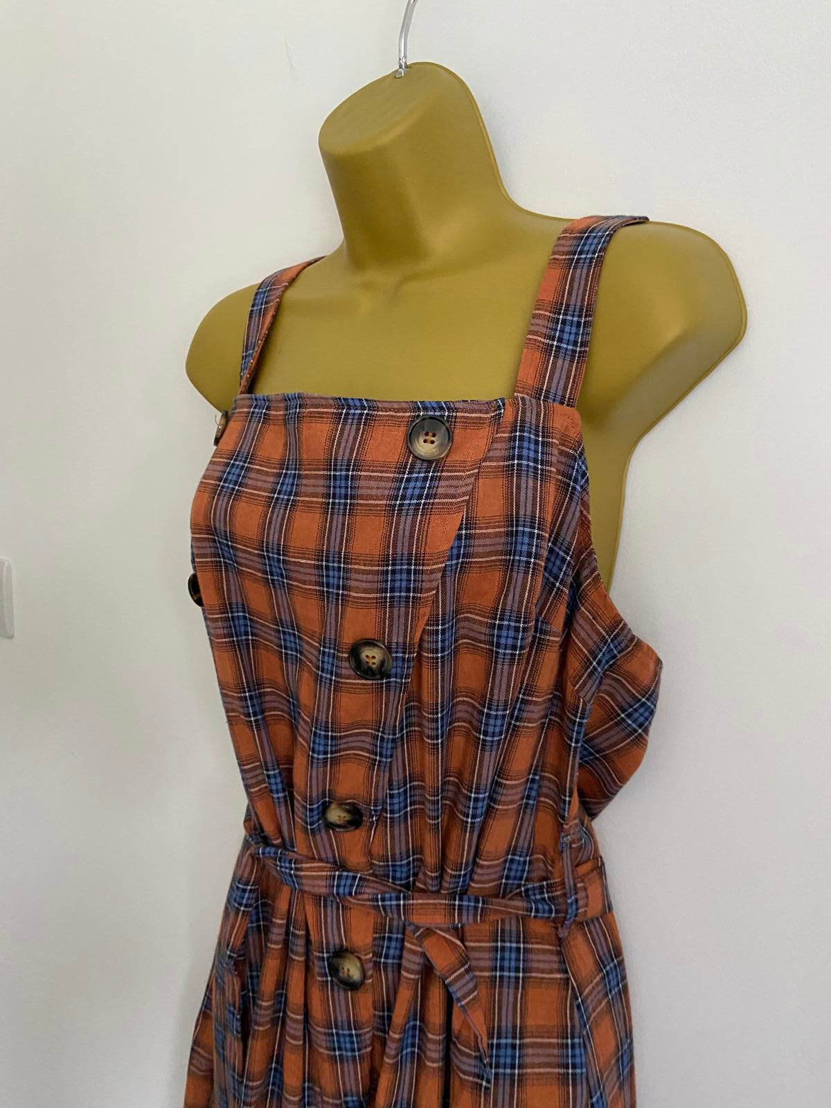 Boohoo Plus Rust Orange Checked Midi Dress - Horn Button Pinafore, Size 18
