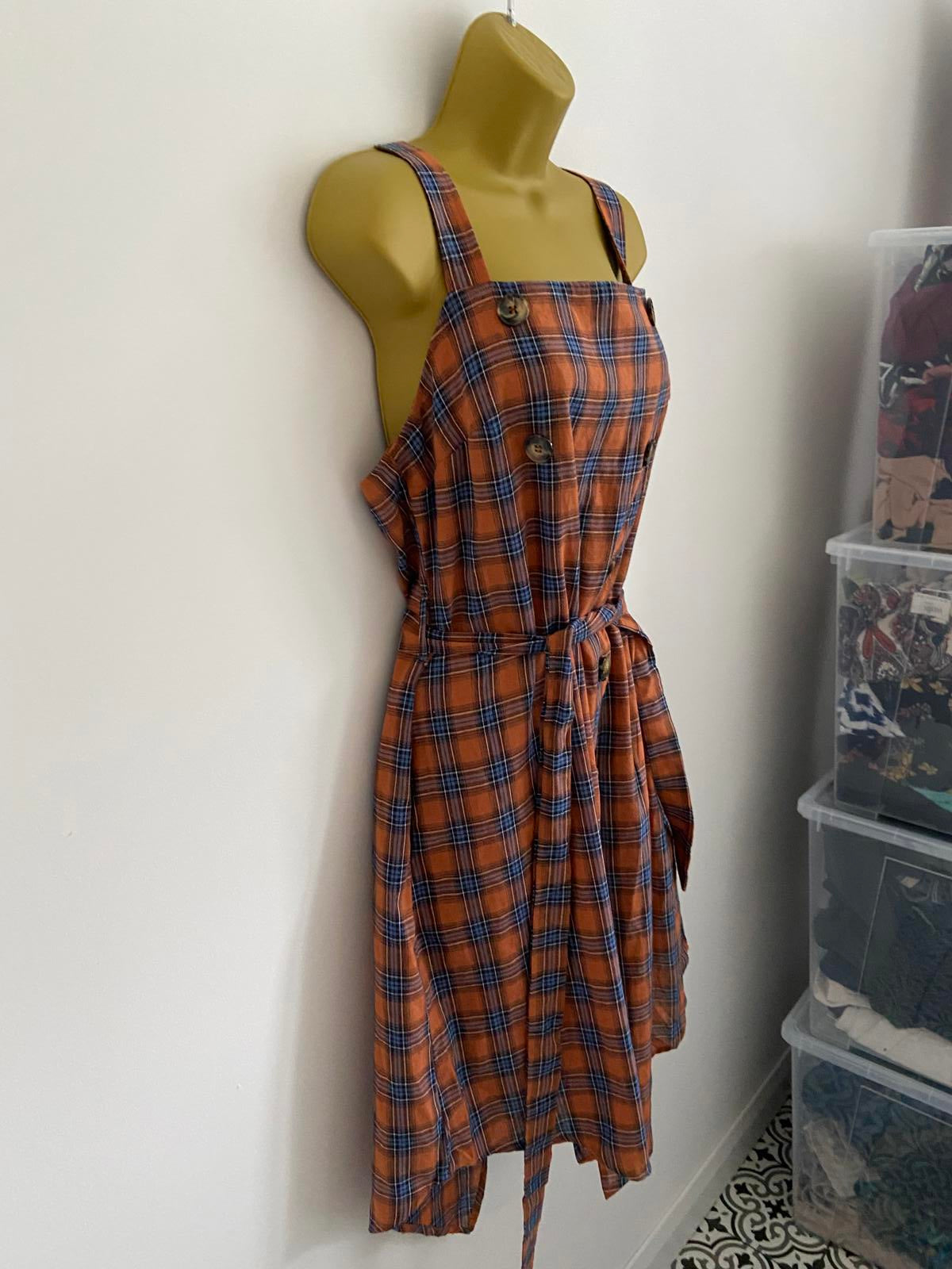 Boohoo Plus Rust Orange Checked Midi Dress - Horn Button Pinafore, Size 18