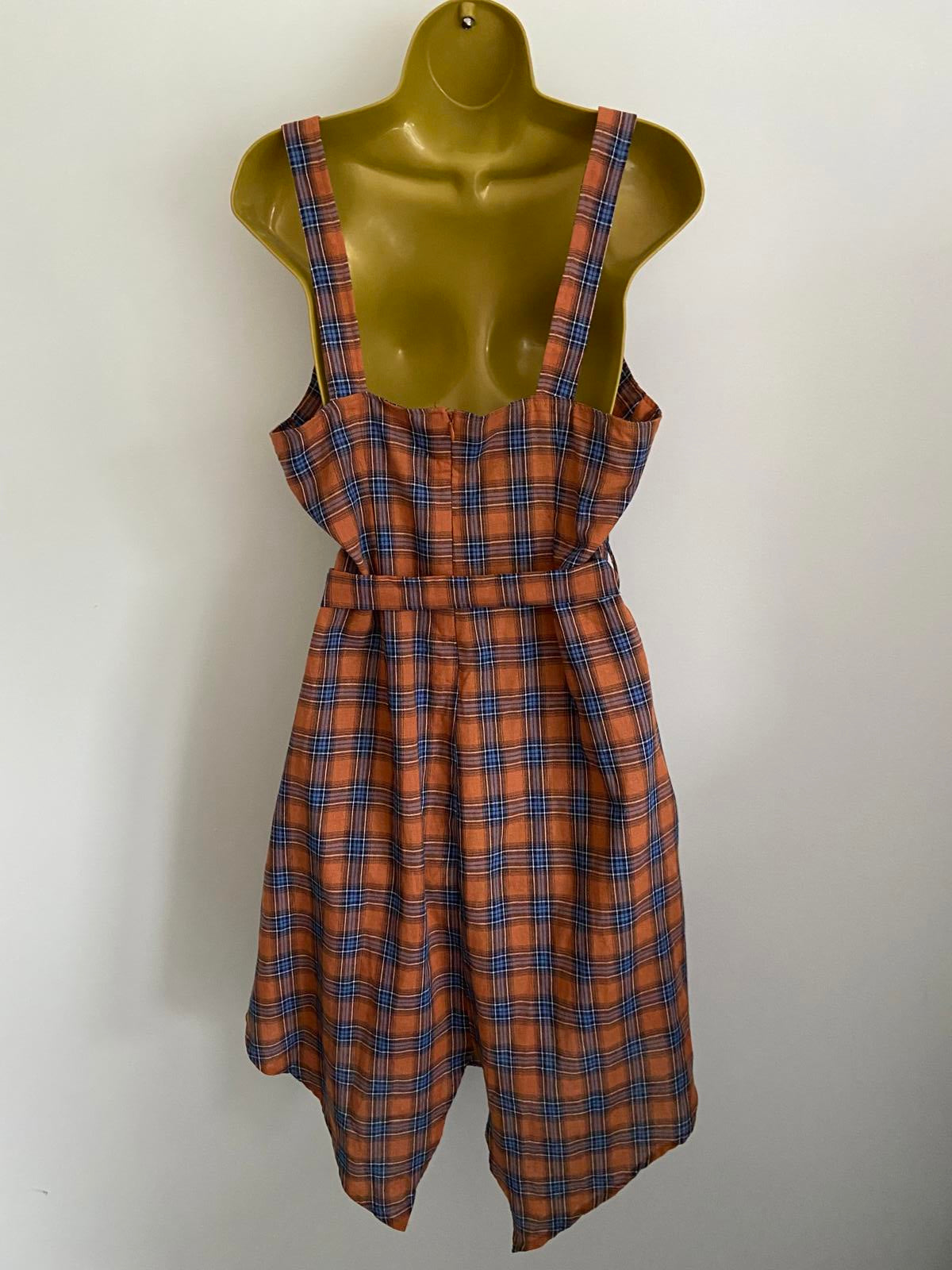 Boohoo Plus Rust Orange Checked Midi Dress - Horn Button Pinafore, Size 18