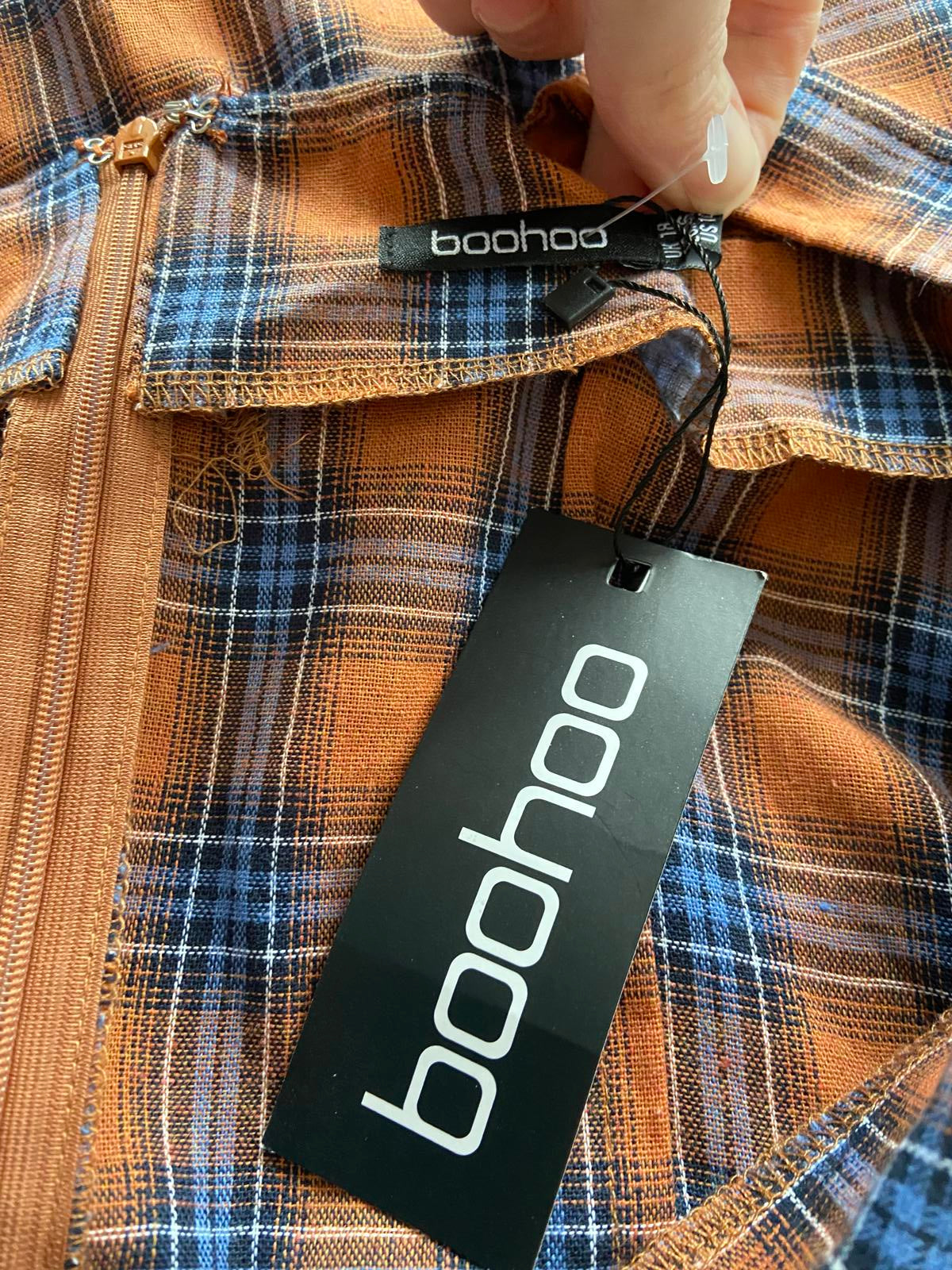 Boohoo Plus Rust Orange Checked Midi Dress - Horn Button Pinafore, Size 18