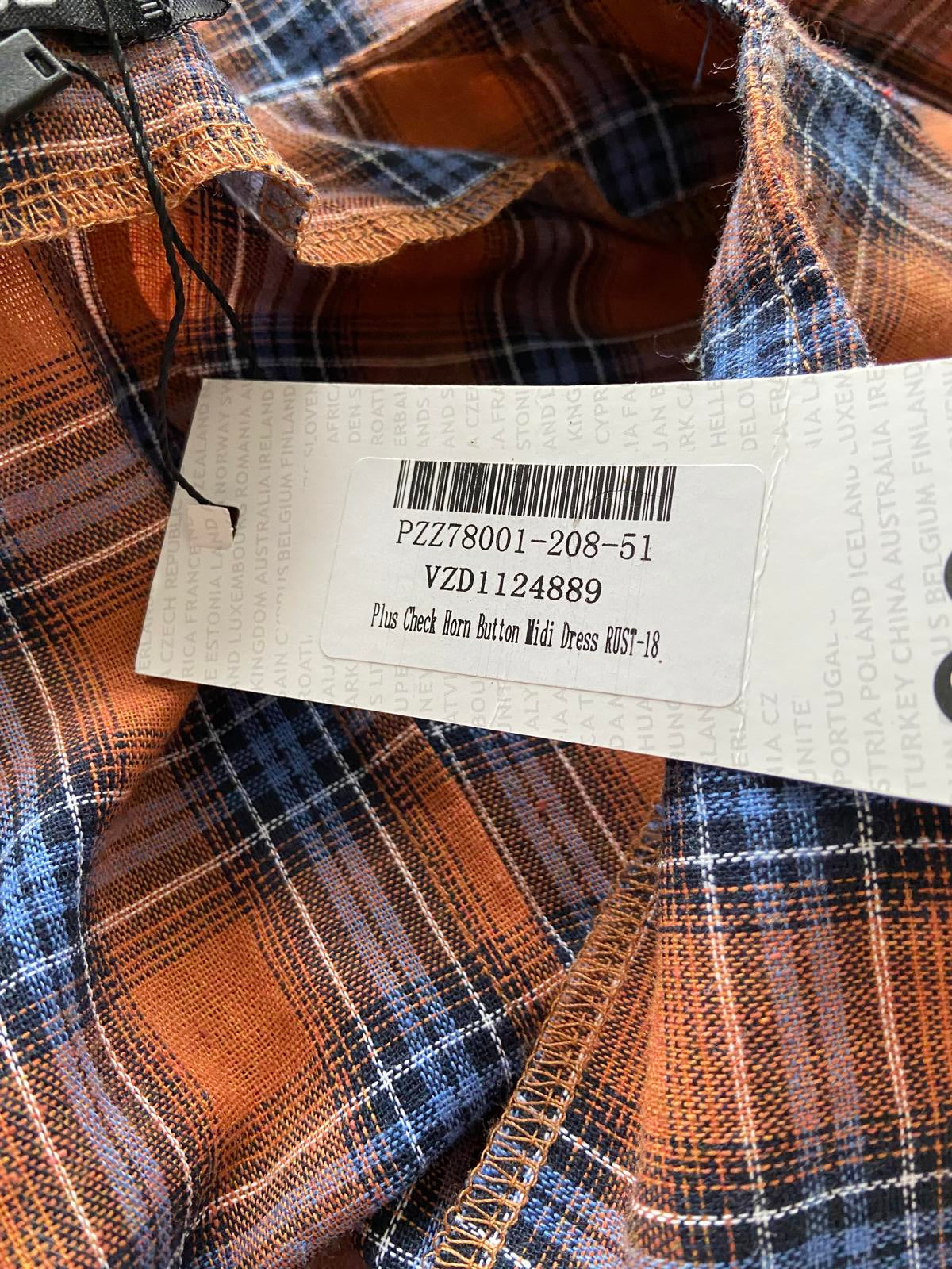 Boohoo Plus Rust Orange Checked Midi Dress - Horn Button Pinafore, Size 18