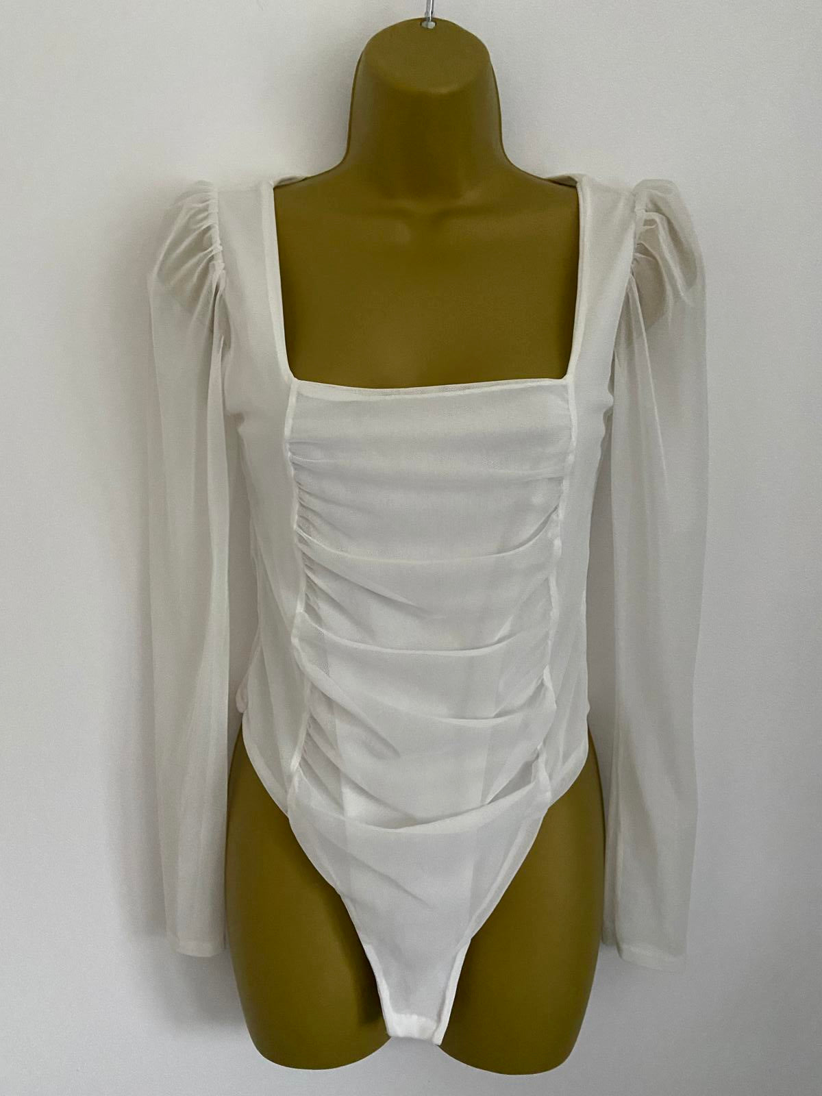 I Saw It First White Mesh Bodysuit - Ruched Square Neck Party Top, Size 10