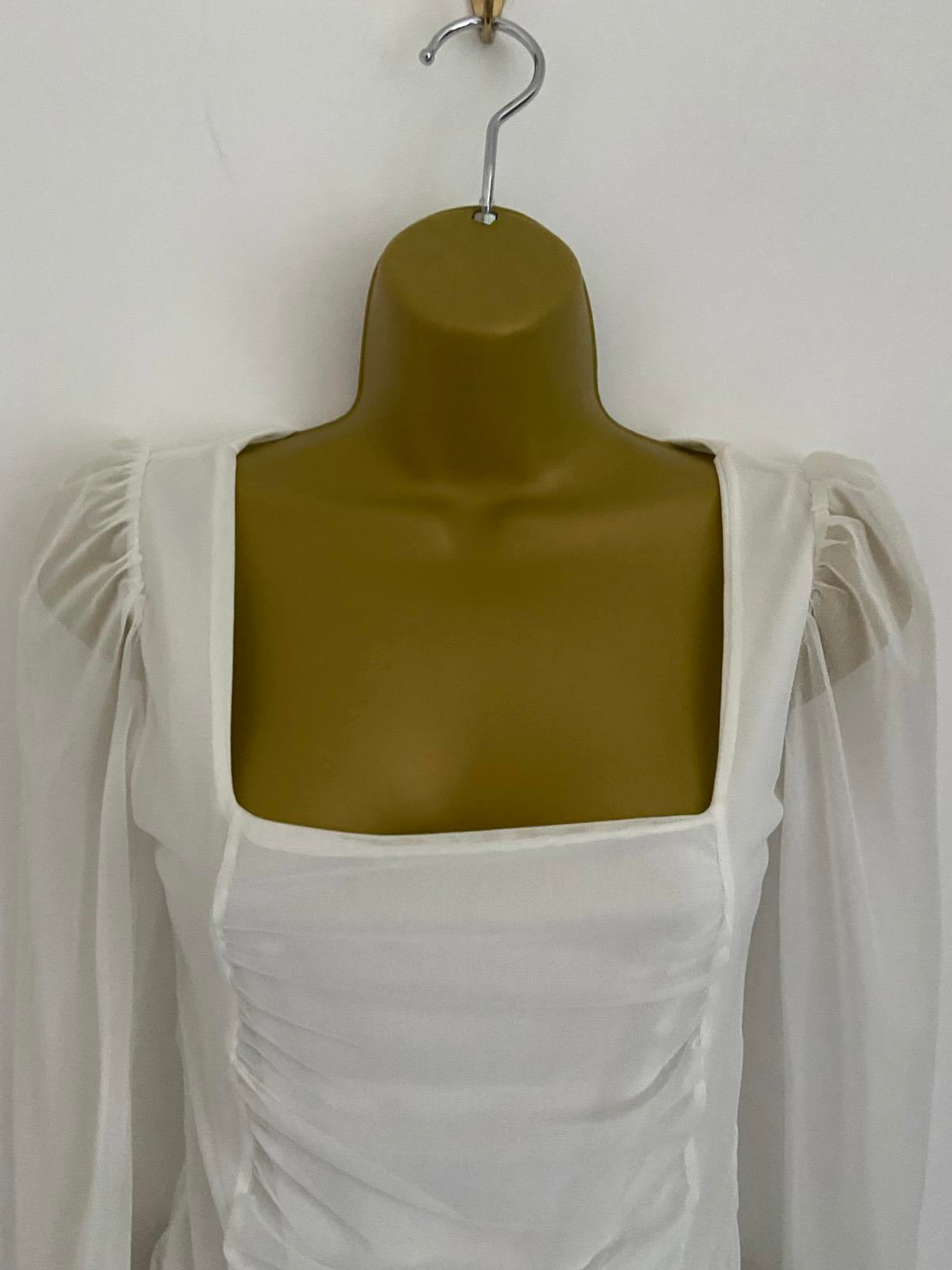 I Saw It First White Mesh Bodysuit - Ruched Square Neck Party Top, Size 10