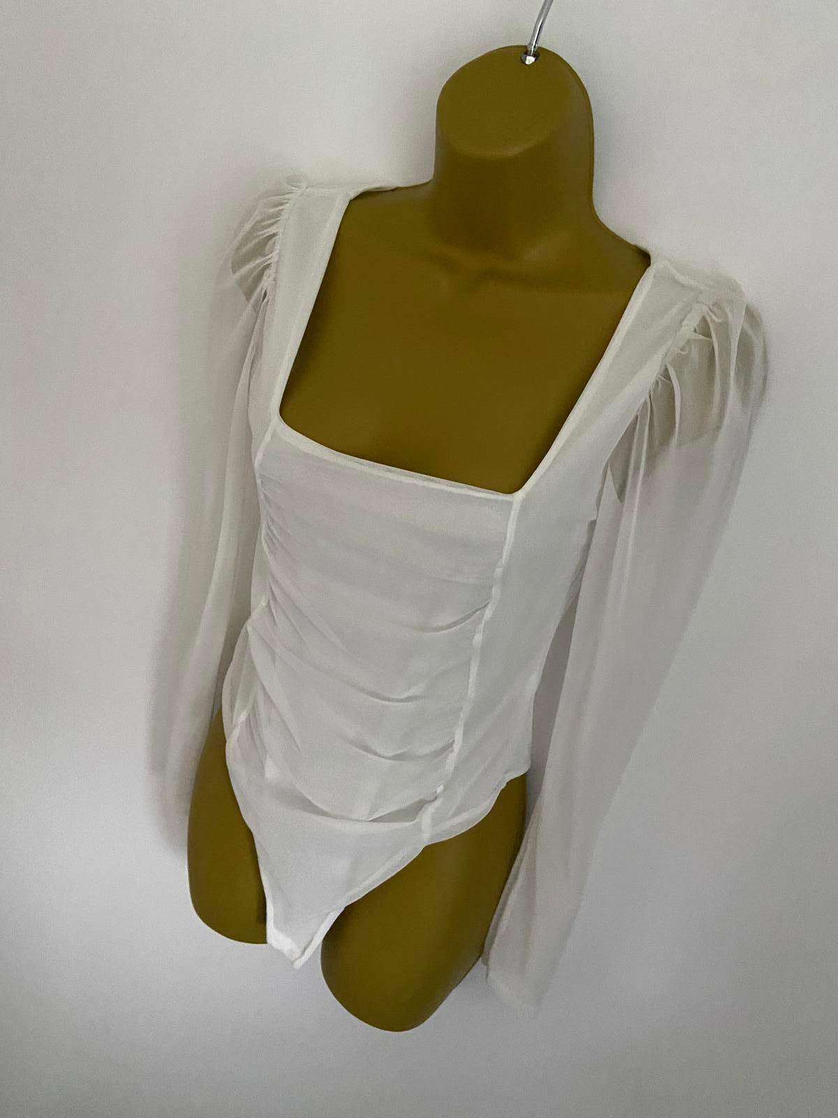 I Saw It First White Mesh Bodysuit - Ruched Square Neck Party Top, Size 10