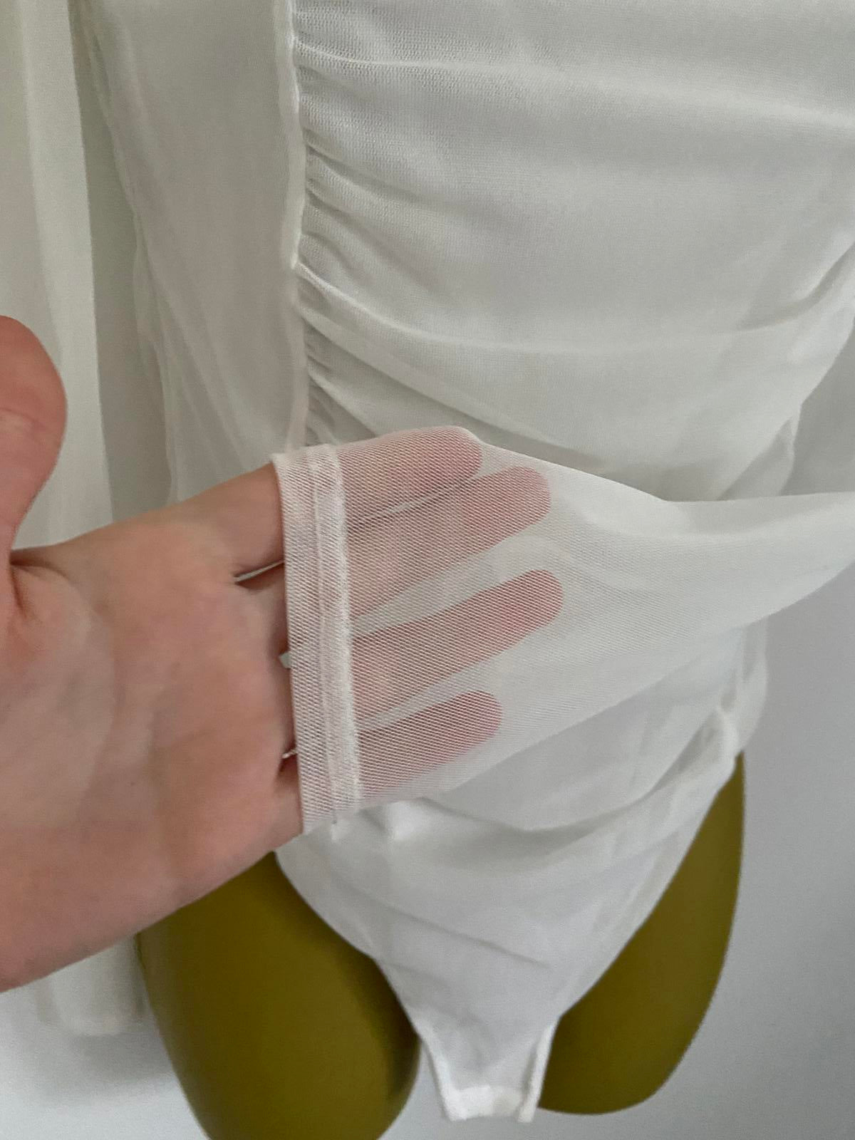 I Saw It First White Mesh Bodysuit - Ruched Square Neck Party Top, Size 10
