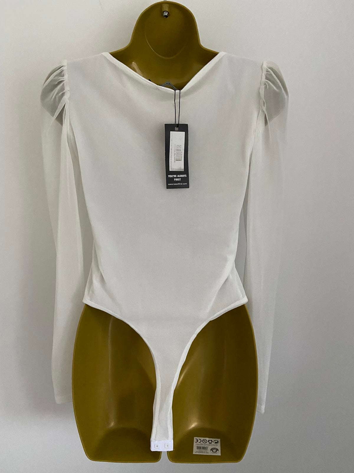 I Saw It First White Mesh Bodysuit - Ruched Square Neck Party Top, Size 10