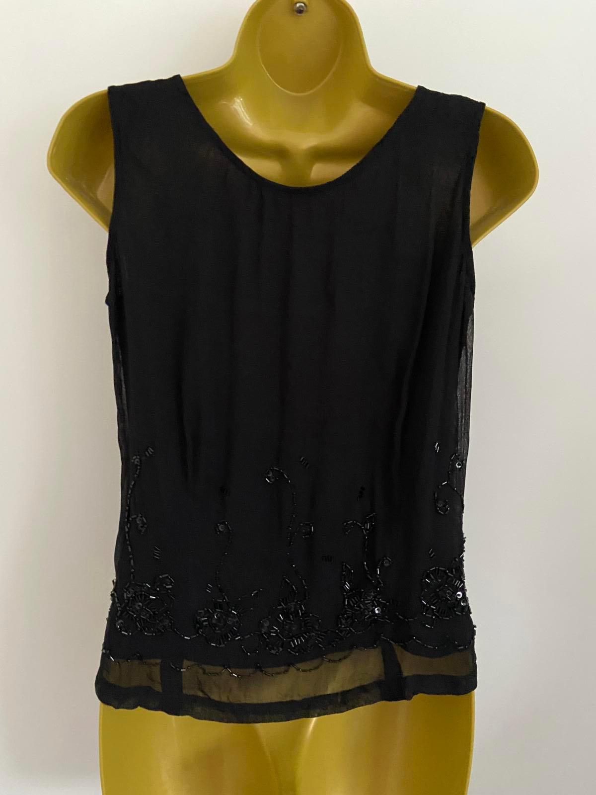 BHS Ladies Black Sheer Silk-Look Top - Sequin & Beaded Evening Blouse, Size 10