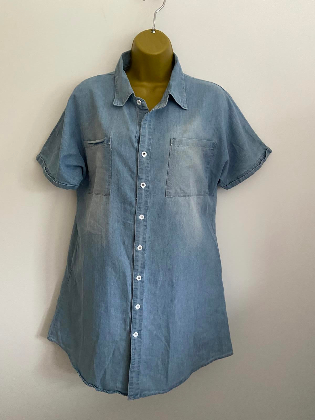 FS Collection London Light Wash Denim Shirt Dress Tunic with Pockets, Size S