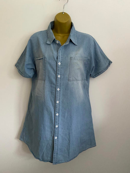 FS Collection London Light Wash Denim Shirt Dress Tunic with Pockets, Size S