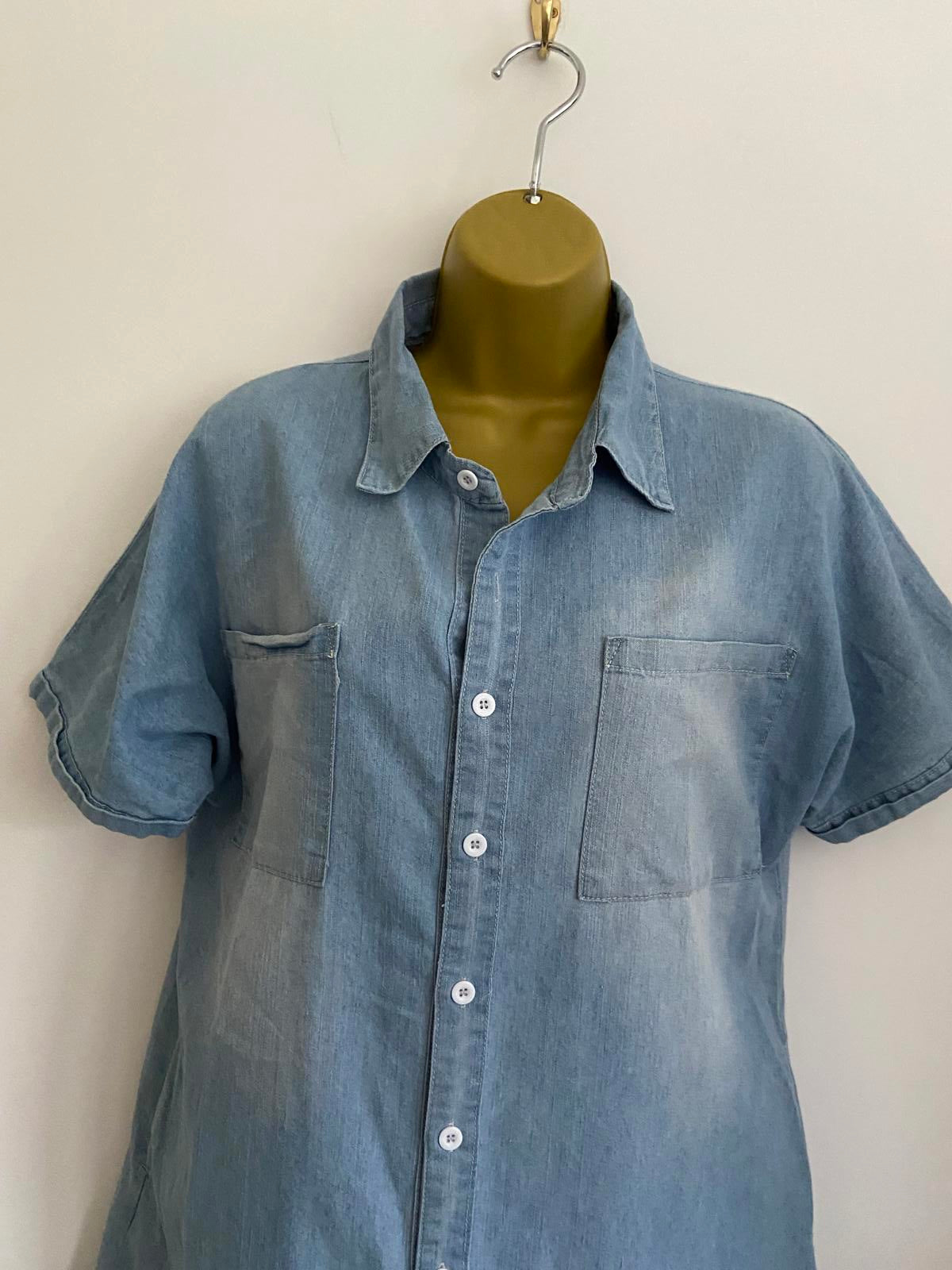FS Collection London Light Wash Denim Shirt Dress Tunic with Pockets, Size S