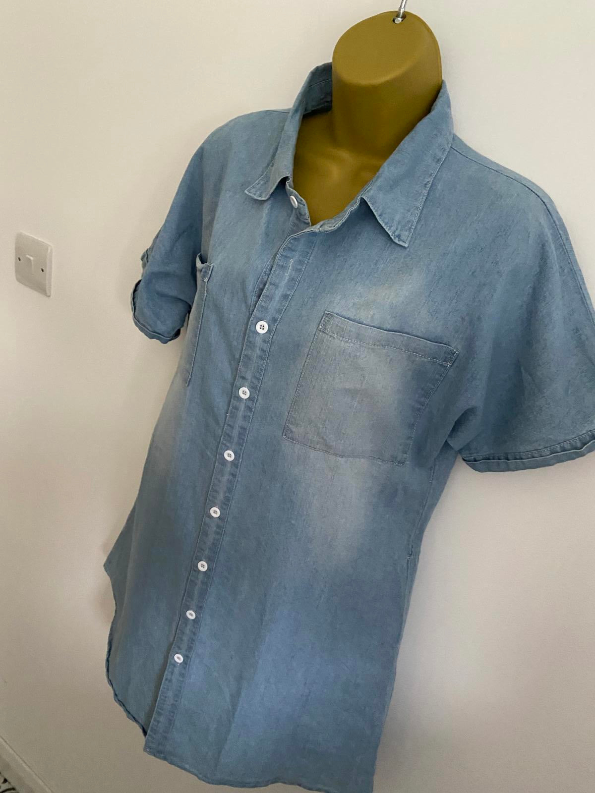 FS Collection London Light Wash Denim Shirt Dress Tunic with Pockets, Size S