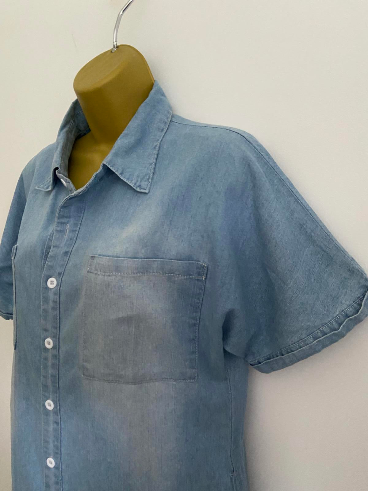 FS Collection London Light Wash Denim Shirt Dress Tunic with Pockets, Size S