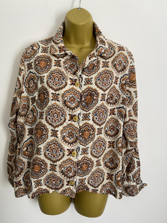 Vintage Cream Blouse with Orange & Navy Paisley Pattern Size 12