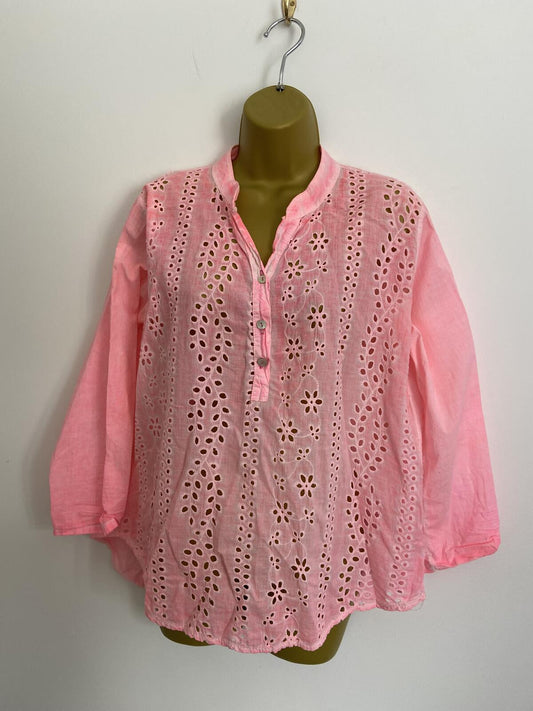 Ladies Pink Tie-Dye Embroidered Cotton Boho Blouse 3/4 Sleeve Size 16