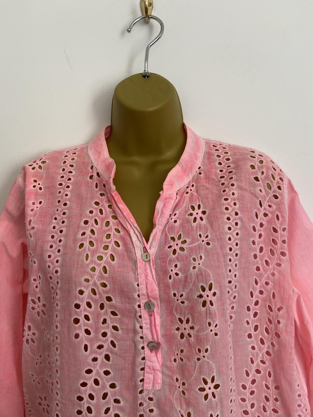 Ladies Pink Tie-Dye Embroidered Cotton Boho Blouse 3/4 Sleeve Size 16
