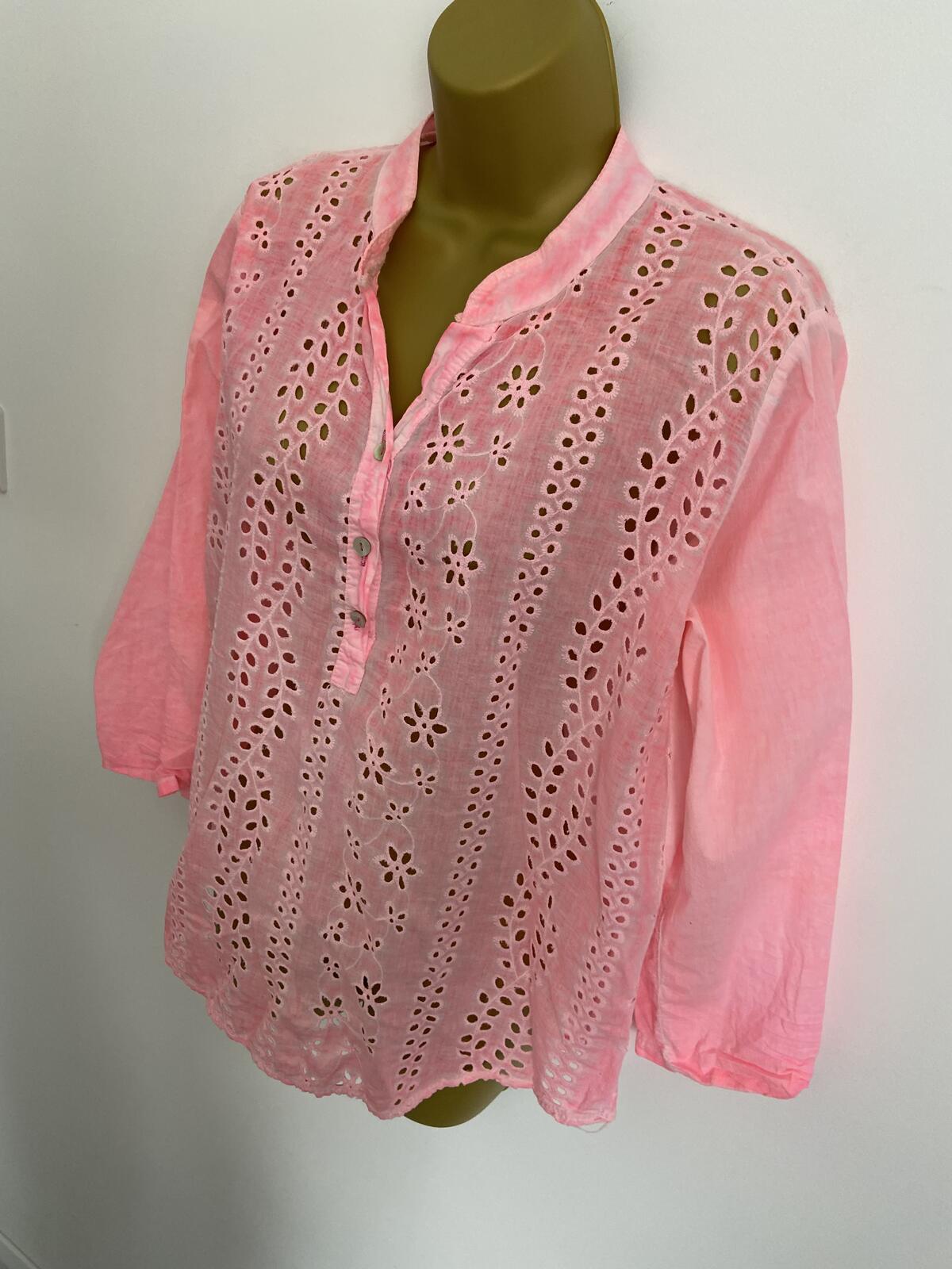 Ladies Pink Tie-Dye Embroidered Cotton Boho Blouse 3/4 Sleeve Size 16