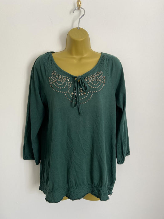 Women’s Forest Green Studded Scoop Neck Top with Tie Detail Size 12