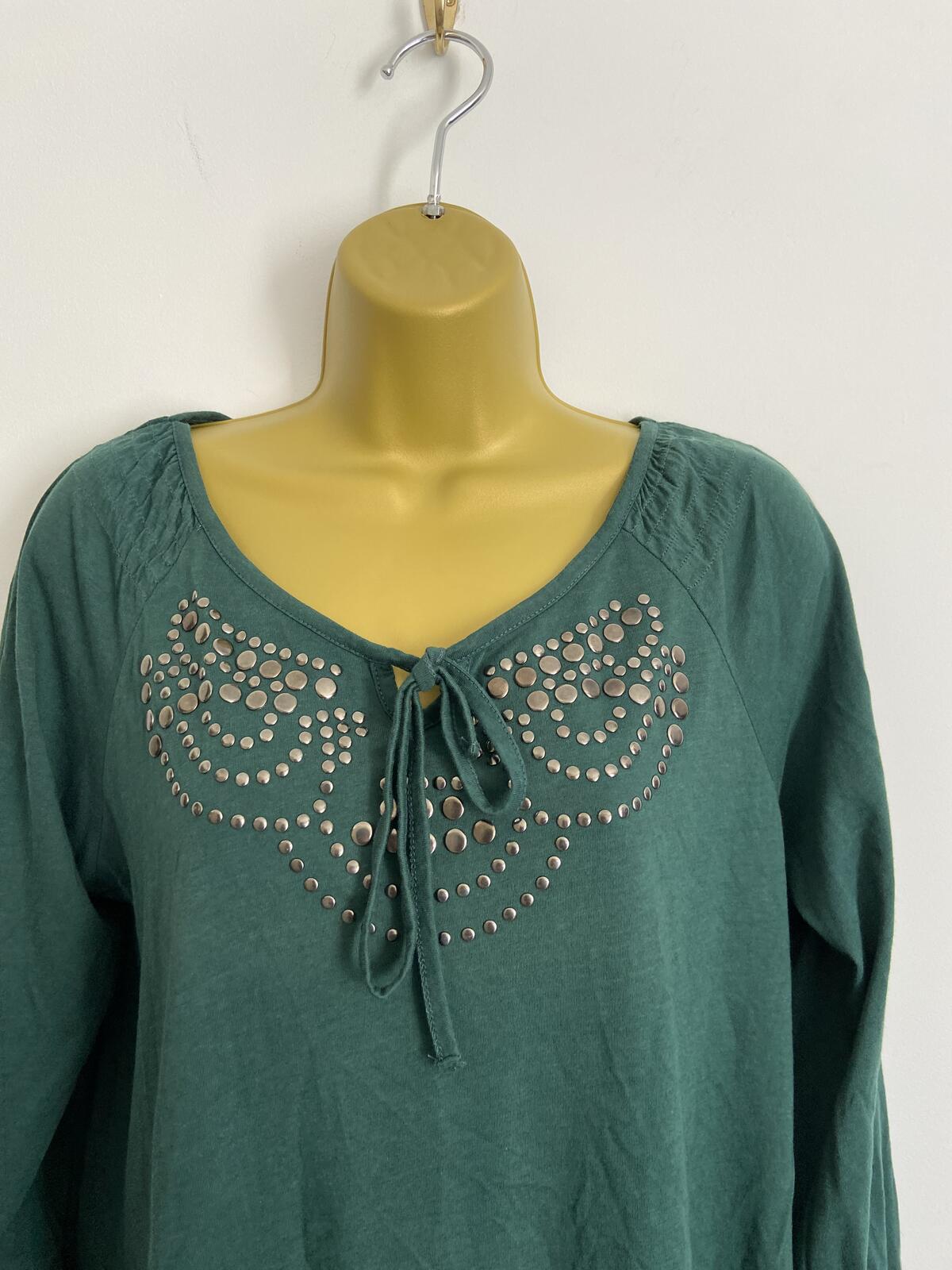 Women’s Forest Green Studded Scoop Neck Top with Tie Detail Size 12