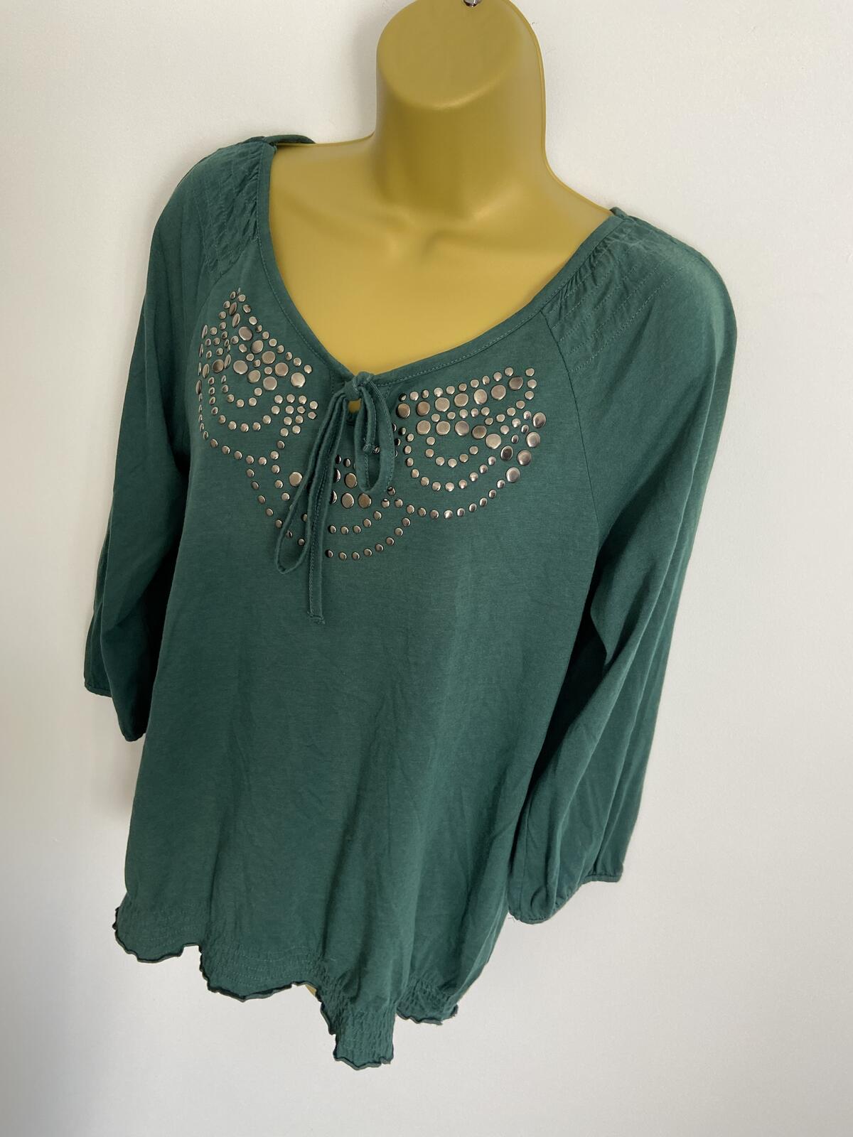 Women’s Forest Green Studded Scoop Neck Top with Tie Detail Size 12