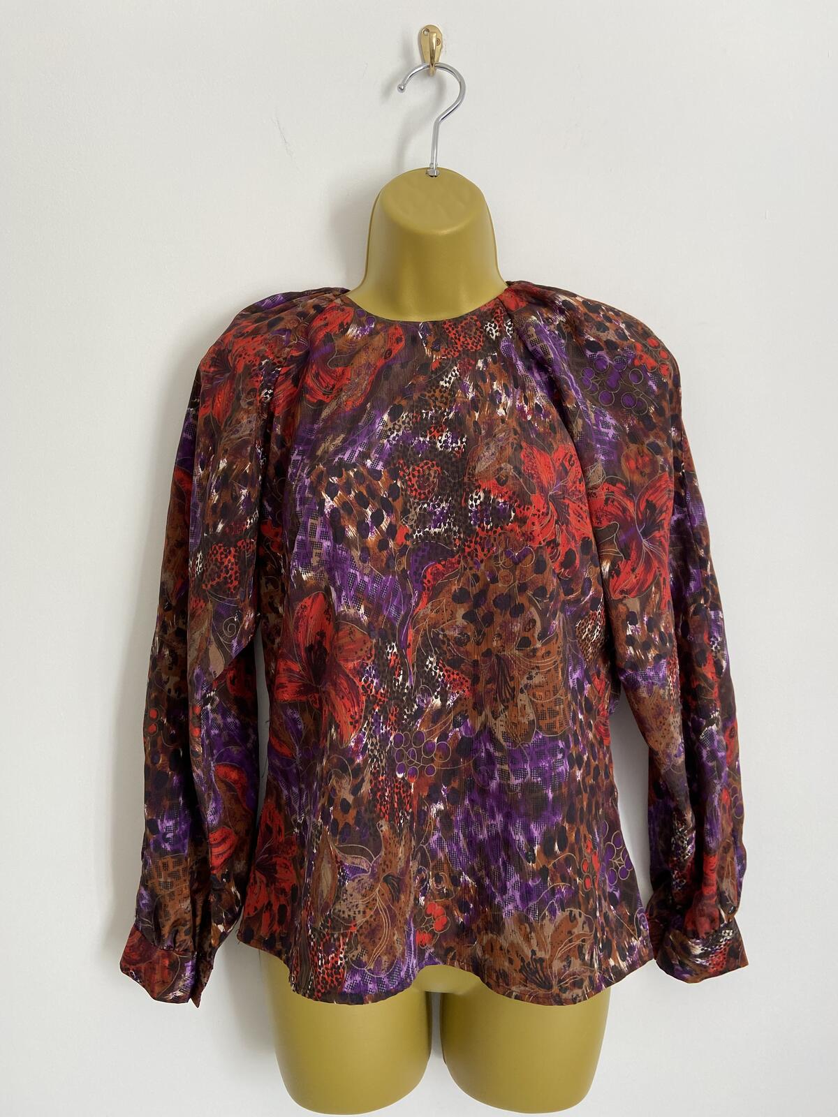 Handmade Purple & Red Abstract Floral High Neck Blouse Puffy Shoulder Size 10
