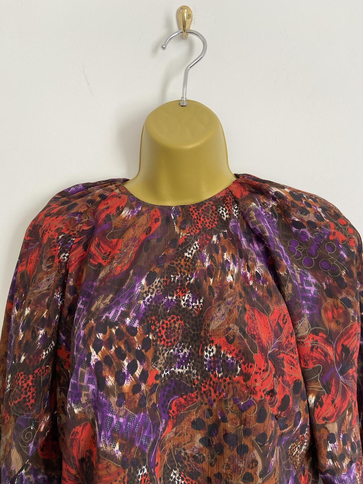 Handmade Purple & Red Abstract Floral High Neck Blouse Puffy Shoulder Size 10