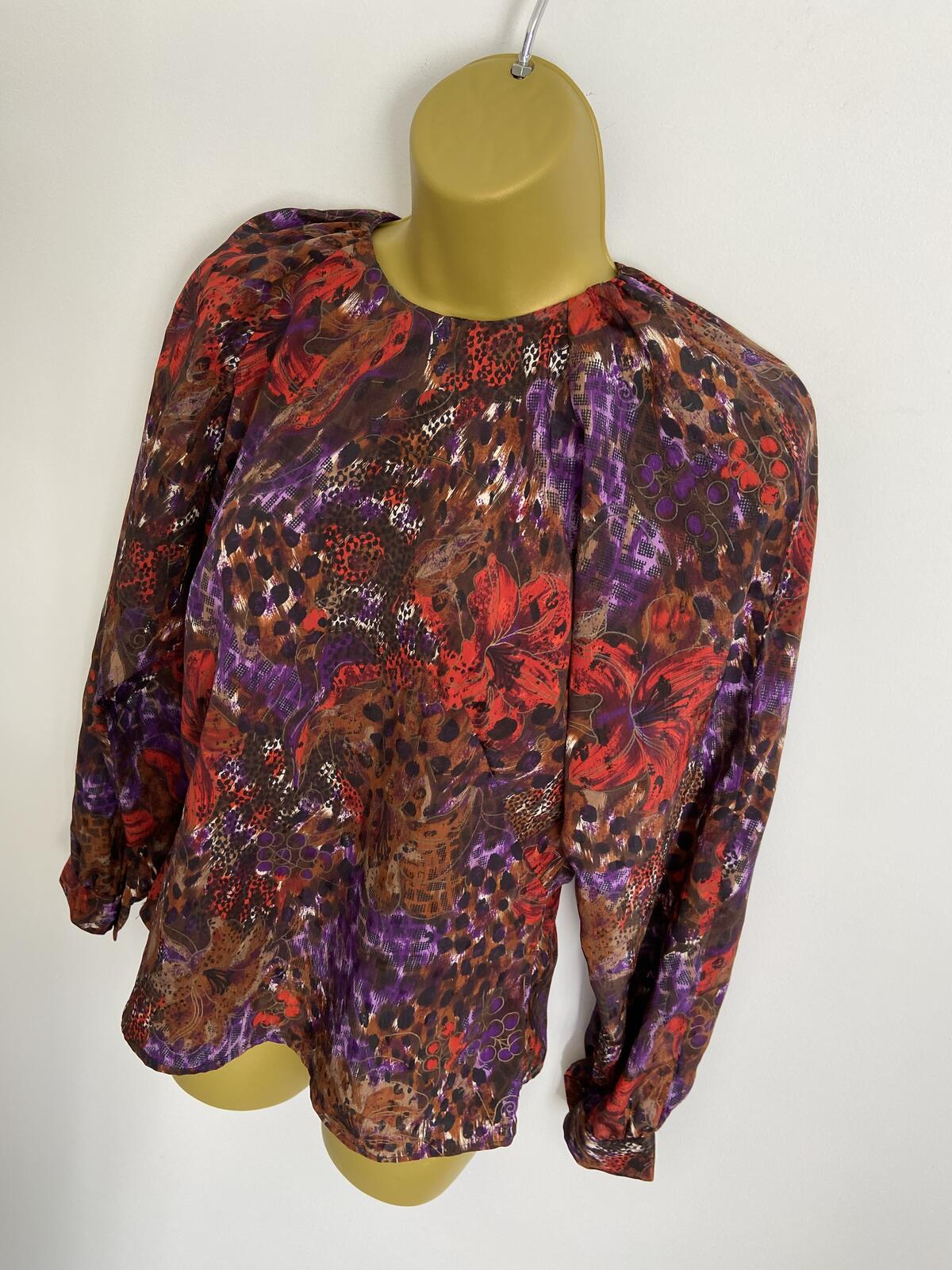 Handmade Purple & Red Abstract Floral High Neck Blouse Puffy Shoulder Size 10