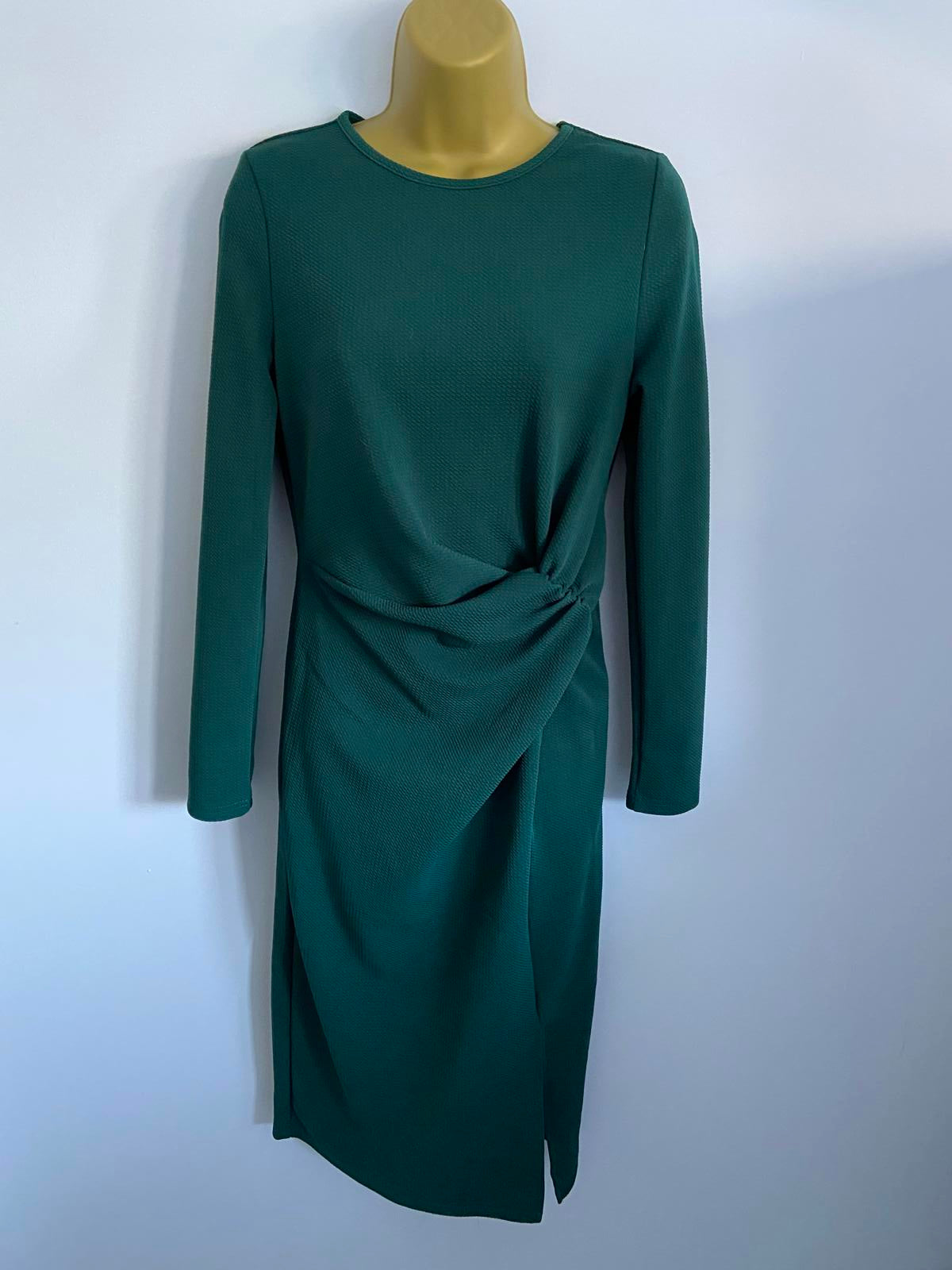 SHEIN Forest Green Waffle Knit Midi Dress - Long Sleeve Bodycon, Size L (12)