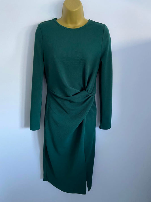 SHEIN Forest Green Waffle Knit Midi Dress - Long Sleeve Bodycon, Size L (12)