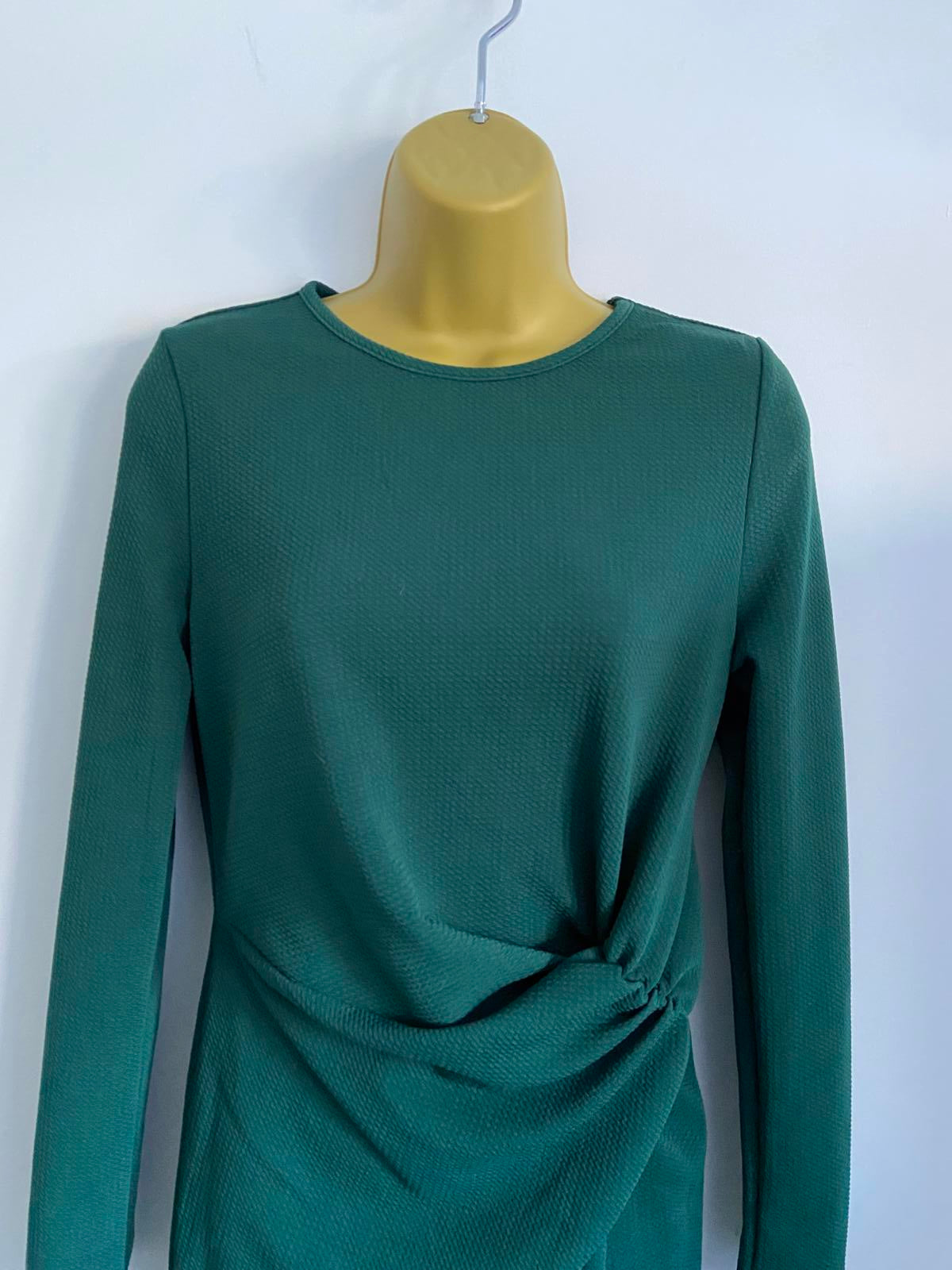 SHEIN Forest Green Waffle Knit Midi Dress - Long Sleeve Bodycon, Size L (12)