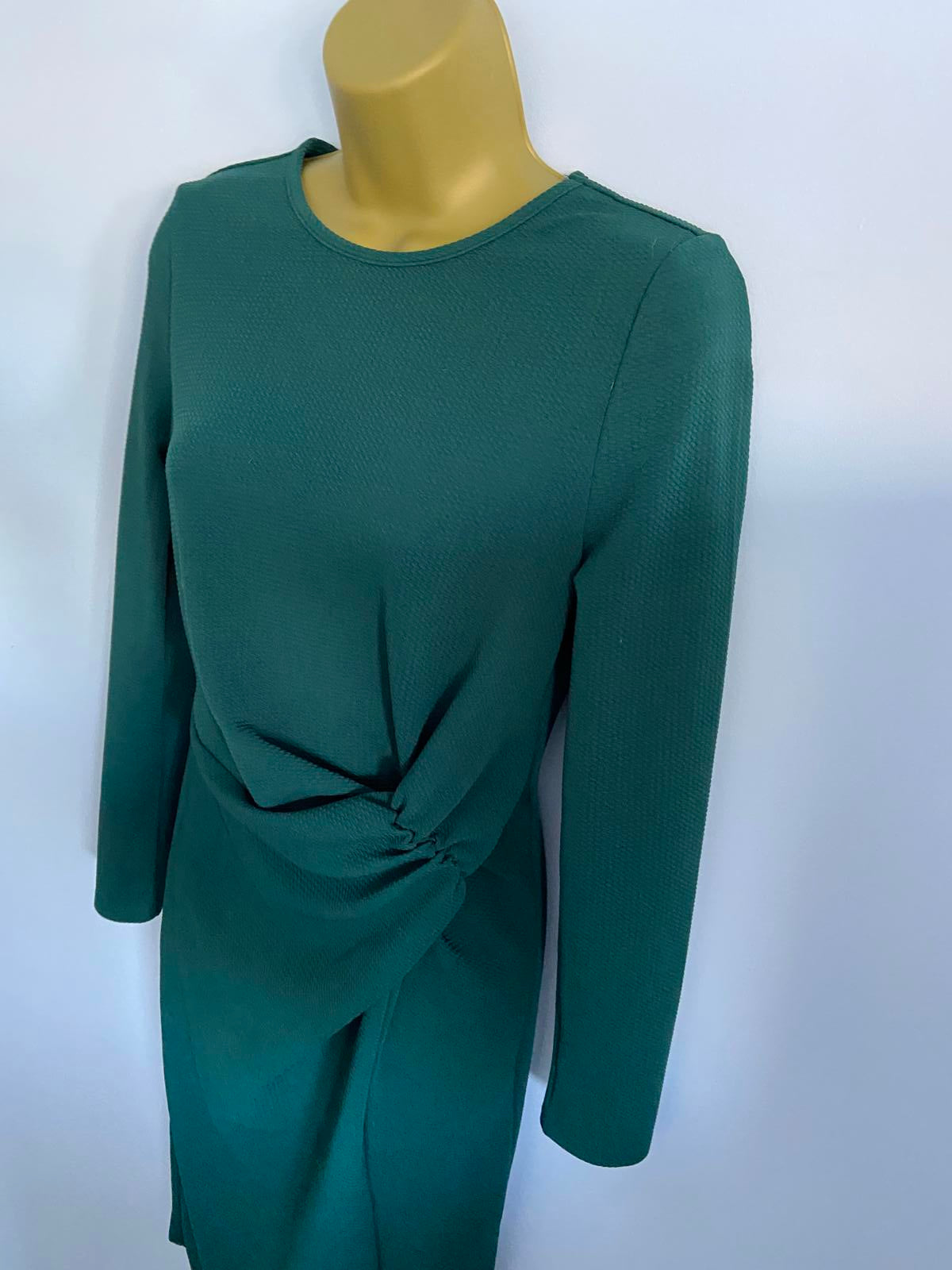 SHEIN Forest Green Waffle Knit Midi Dress - Long Sleeve Bodycon, Size L (12)