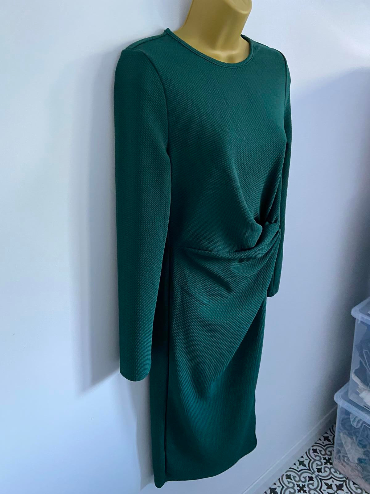 SHEIN Forest Green Waffle Knit Midi Dress - Long Sleeve Bodycon, Size L (12)