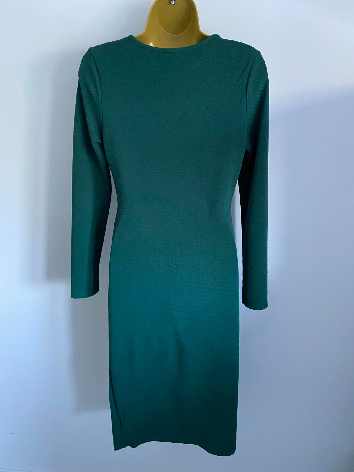 SHEIN Forest Green Waffle Knit Midi Dress - Long Sleeve Bodycon, Size L (12)