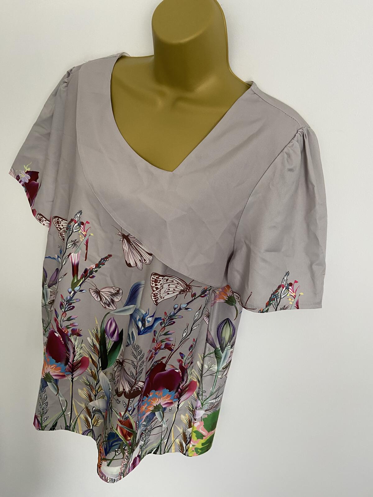 Grey Satin Feel Floral Butterfly Print Ruffle Blouse Size Extra Large