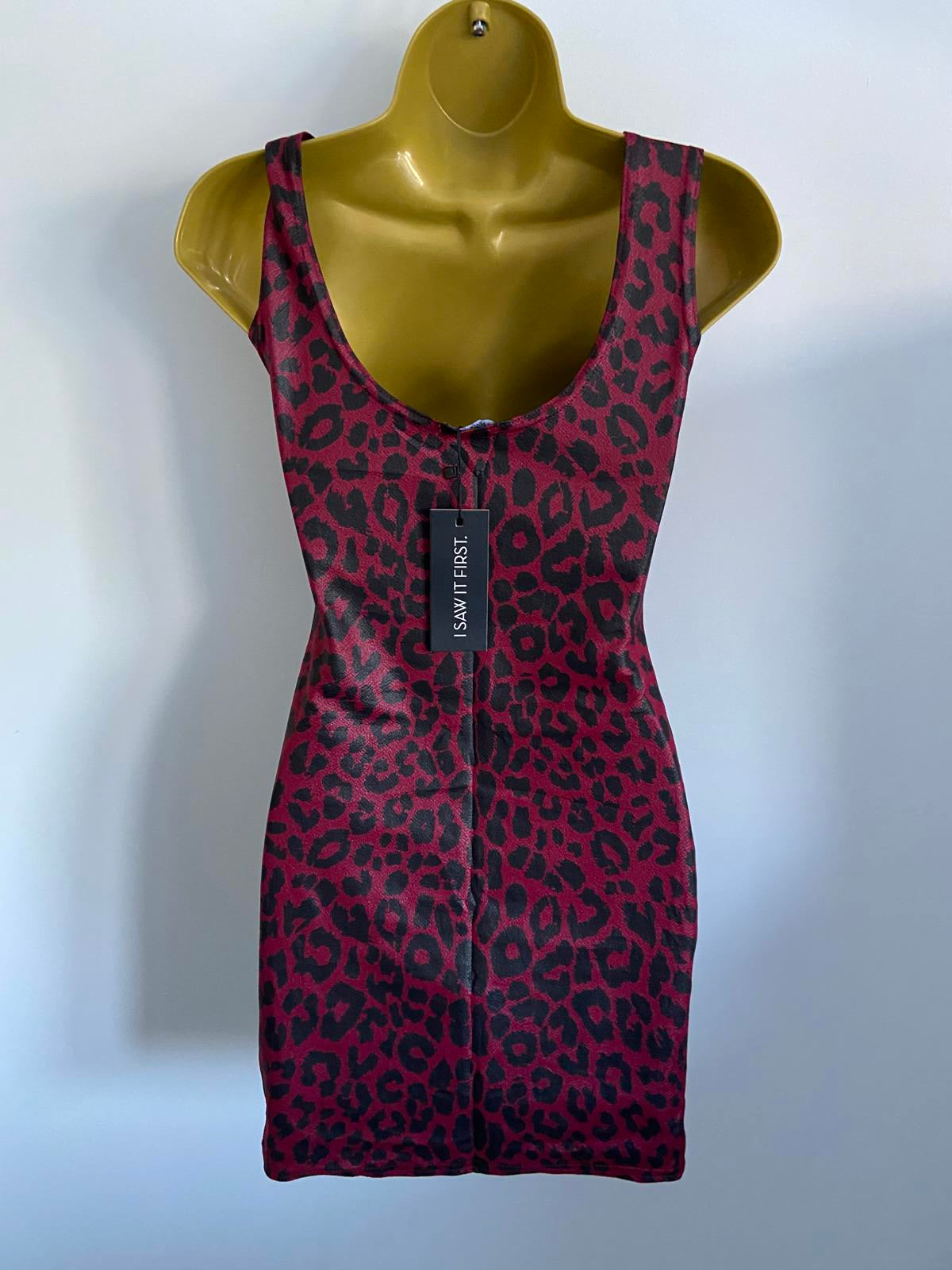 I Saw It First Burgundy Leopard Print Faux Leather Dress - Bodycon Mini, Size 6