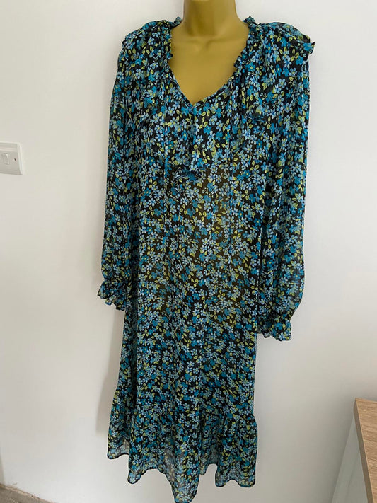 Primark Sheer Floral Dress - Black, Turquoise & Green, Size 14