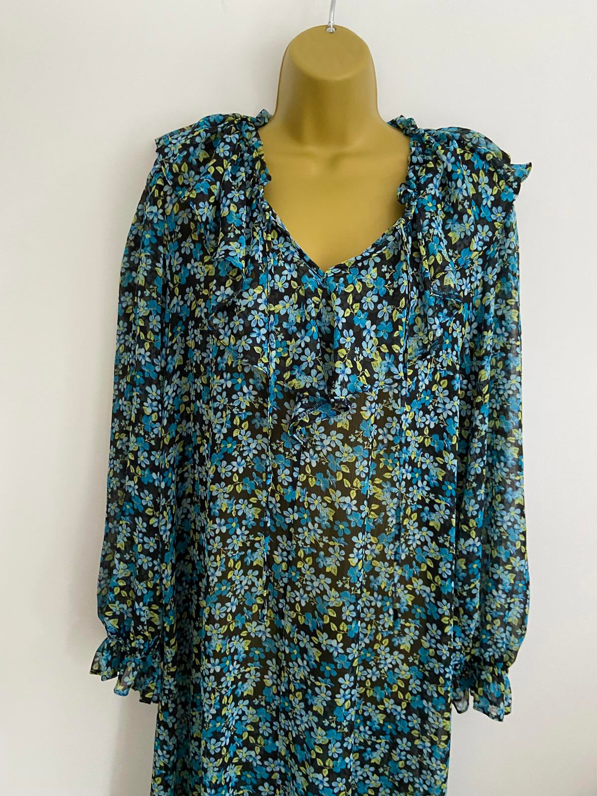 Primark Sheer Floral Dress - Black, Turquoise & Green, Size 14