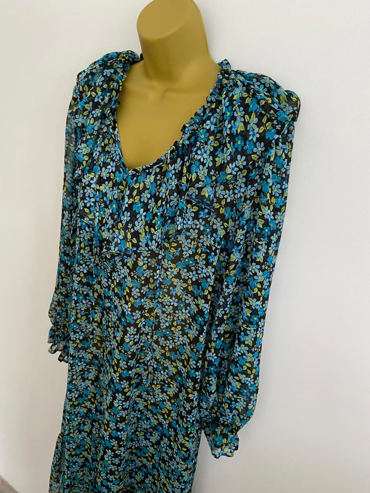 Primark Sheer Floral Dress - Black, Turquoise & Green, Size 14