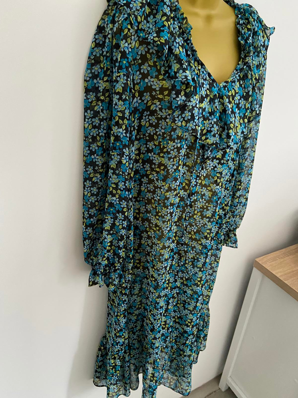Primark Sheer Floral Dress - Black, Turquoise & Green, Size 14